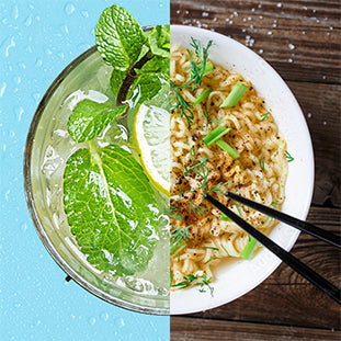 A split image: the left half shows a refreshing drink with mint leaves and lemon slices on a blue background; the right half shows a bowl of ramen noodles with herbs and chopsticks on a wooden surface.